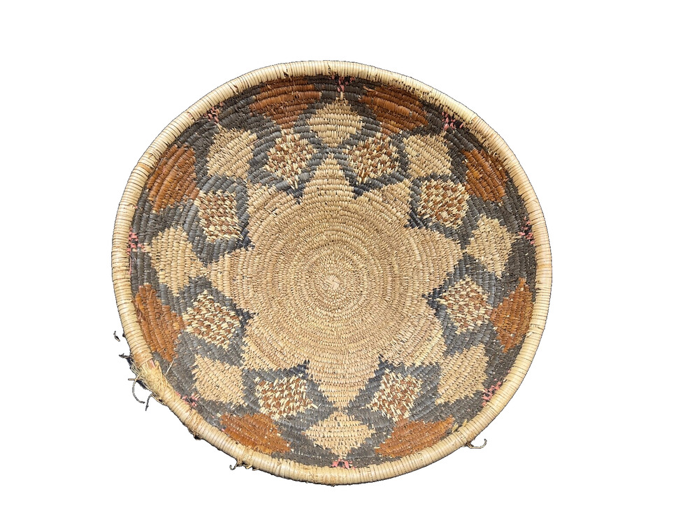 Vintage African Tribal Geometric Coiled Bowl Basket 14” Brown Tan Pink